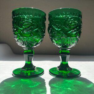 PAIR of Madonna Inn Fenton Goblets – Wright Wild Rose Pattern – Large Heavy 6.5”
